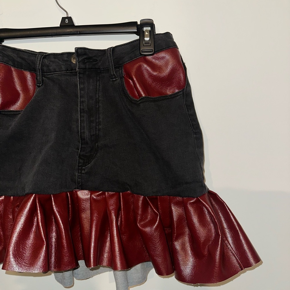 Ruffled Denim and Red Mini Skirt with Ruffles - Picture 2 of 6